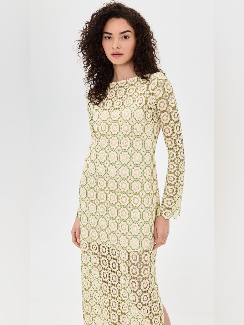 Hill House Ivory and Light Green Crochet Long Sleeve Midi Dress